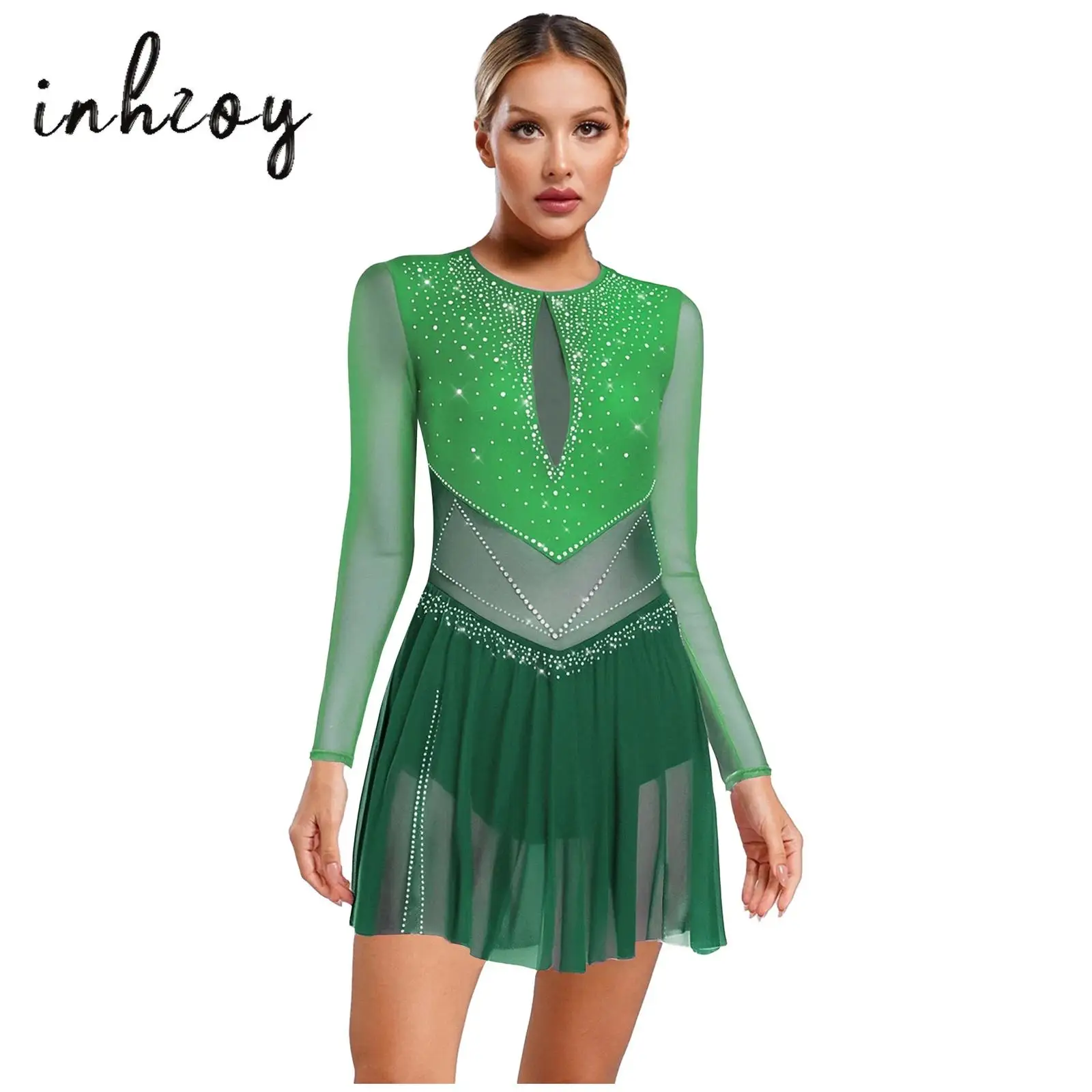 

Women Figure Skating Dance Costume Long Sleeve Shiny Rhinestones Jazz Dance Dress for Ballet Jazz Dance Performance Dancewear