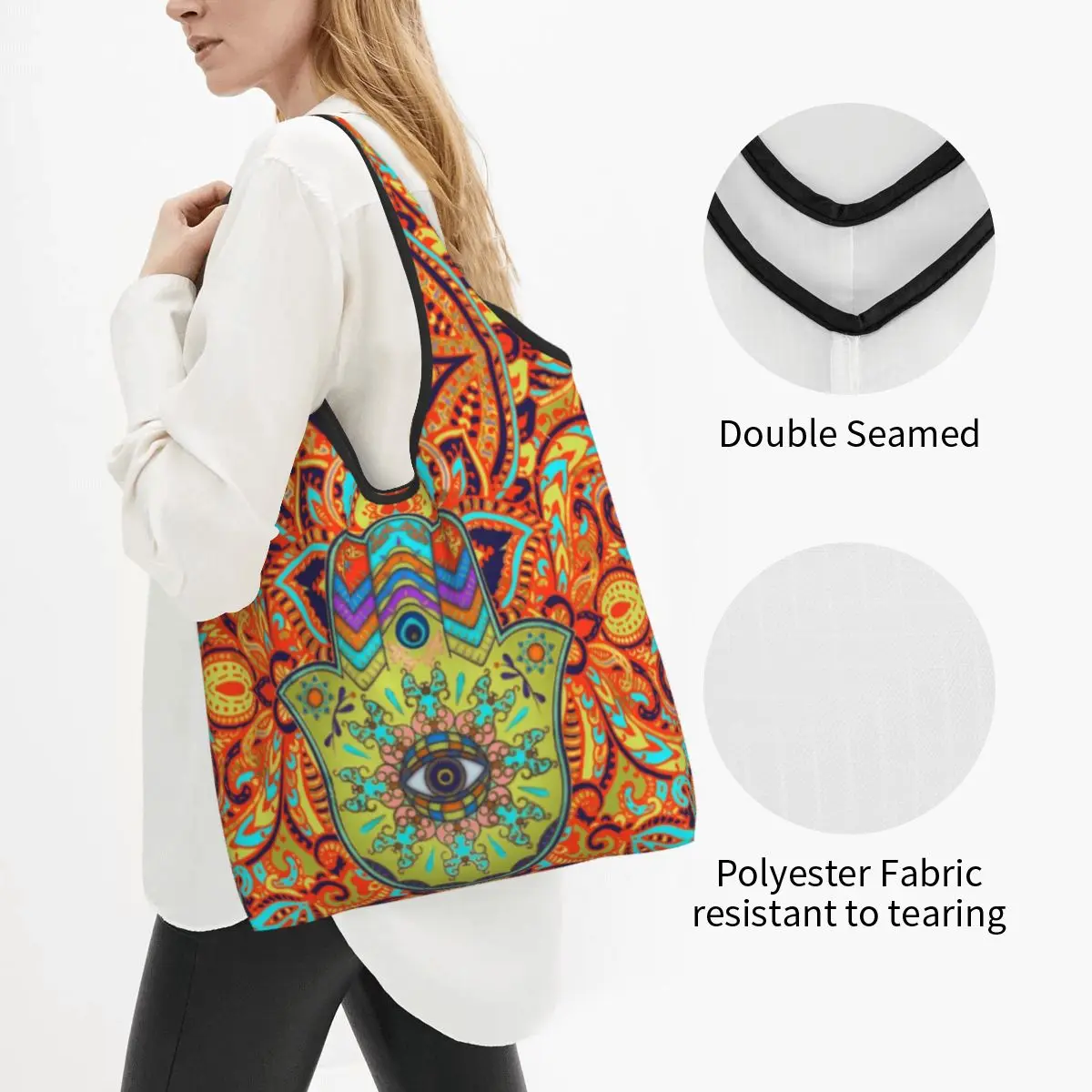 Saco de compras personalizado Cor Hamsa Mão para as Mulheres, portátil Grande Capacidade Mercearia Mão de Fátima Tote Shopper Bags