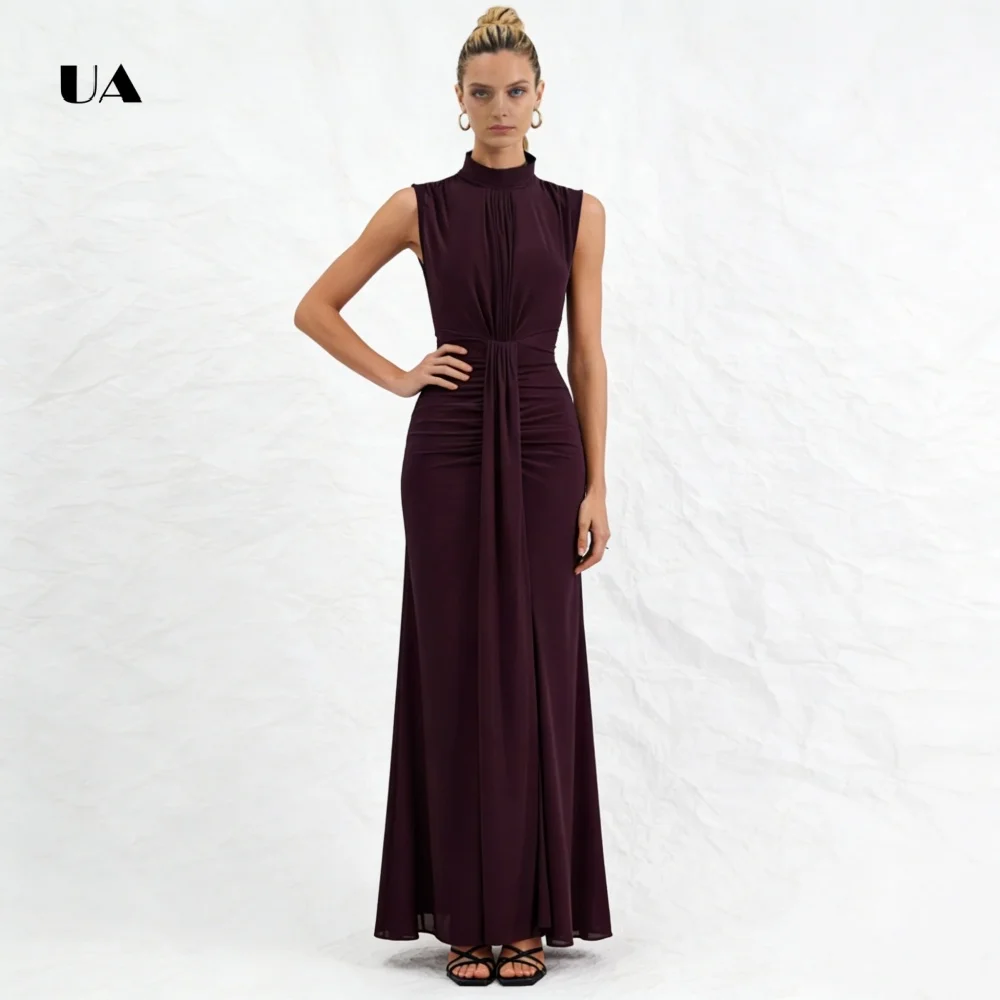 

ULBYANRY Sleeveless Chiffon Prom Dress, Solid Half-high Neck Evening Dresses for Women, Draped Straight Customized Party Gown