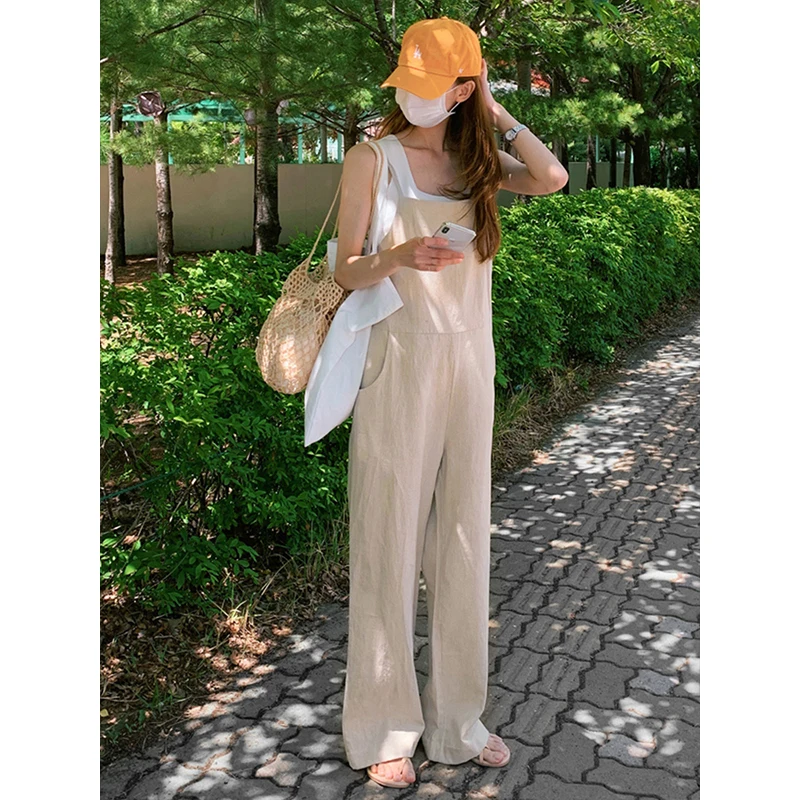 Cotton Linen Overalls For Women Sleeveless Back Bandage Rompers Womens Jumpsuit Chic Streetwear Bodysuit Combinaison Femme