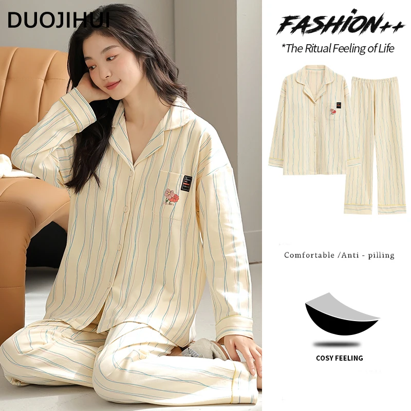 DUOJIHUI-pijama listrado clássico para mulheres, bolso chique, outono com almofada no peito, cardigan, calça solta básica, moda