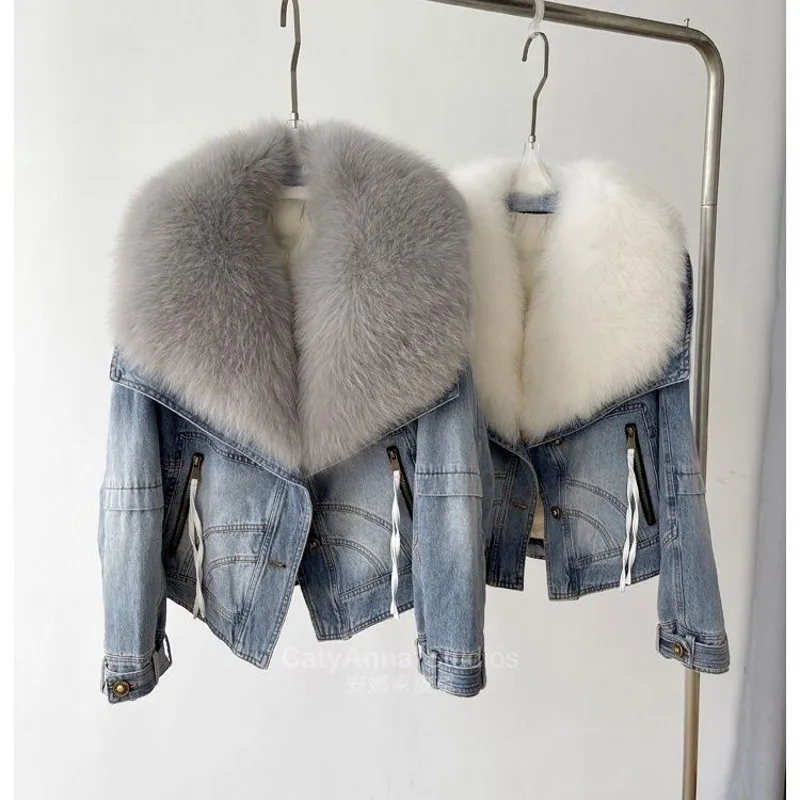 2024 Hot Sales New Fashion Denim Goose Down Big White Fox Fur Collar Detachable Goose Down Filling Inner Lining High-End Jacket