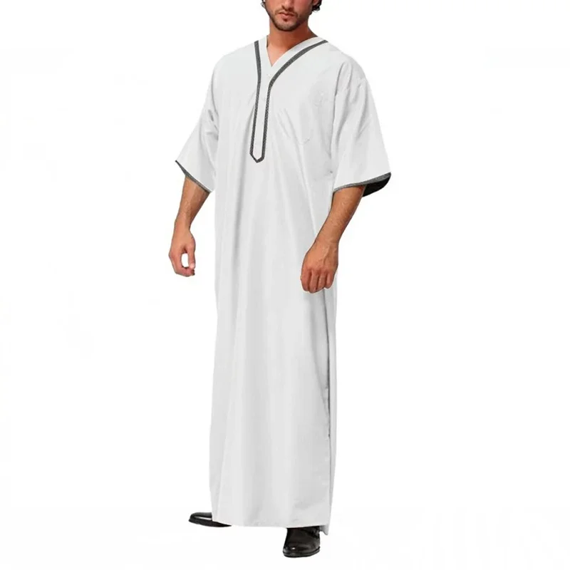 New Loose Muslim Caftan Robes Men V Neck Long Sleeve Fashion Jubba Thobe Leisure Solid Color Pattern Prited Islamic Clothing