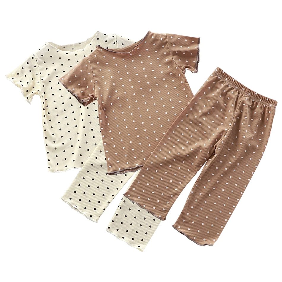 2024 Hot Selling Summer Girls Sets Casual Solid Color Polka Dot Homewear Short Sleeve Pants Two Piece Summer Children Clothing