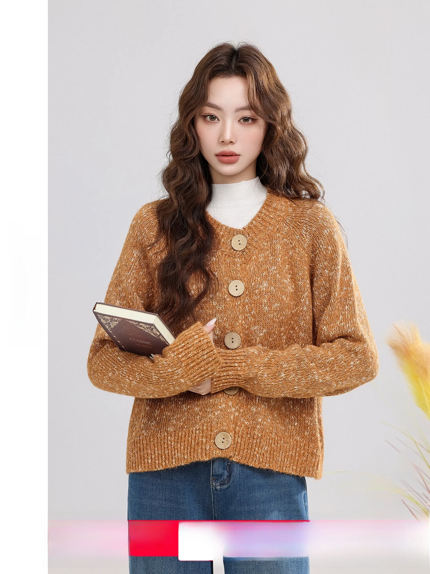 

Autumn Winter Women's Loose Casual Sweater Cardigan Orange Evening Cloud Large round Button Commute Sle Polyester Fiber