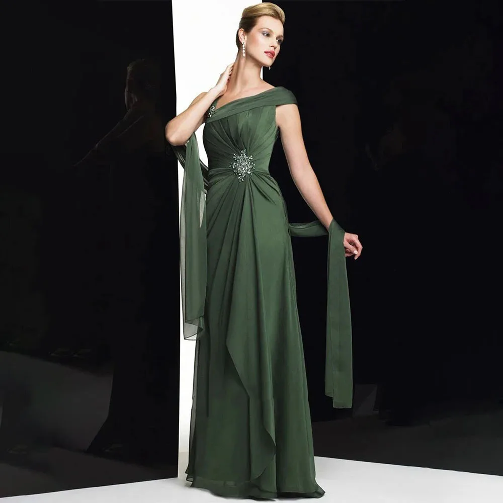 Green Pleat Chiffon Mother of Bride Dresses With Diamond Decoration Summer Wedding Evening Party Gown For WomenCL-583