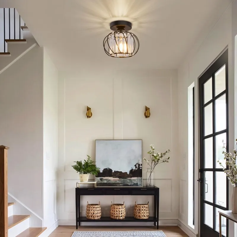 24-Hour Delivery Crystal Ceiling Light, Semi Flush Mount Metal Cage Design, Chandelier For Corridor Bathroom Kitchen Ceiling Lam