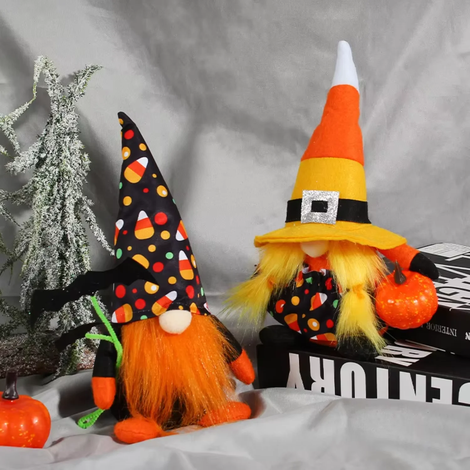 Halloween Gnomes with Pumpkin Witch Faceless Dolls  and Black  Ornament Decor for Halloween