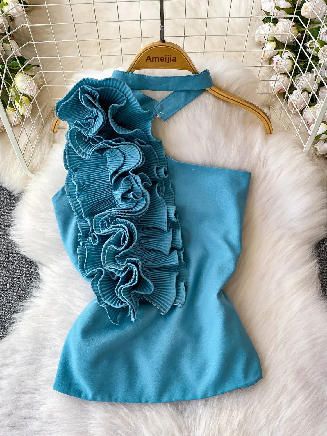 Süße übergroße Satin-Feeling-Ne-Hängeweste für Damen, Sommer-Schlankheitsoberteil mit Volantverzierung, für den Pendelverkehr, normale Länge