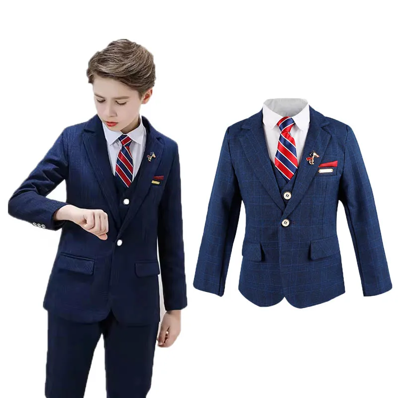 90-170 Boys Spring 4Pieces Jacket Vest Pants Bowtie Wedding Dress Children Performance Costume Kids Luxurious Photography Suit