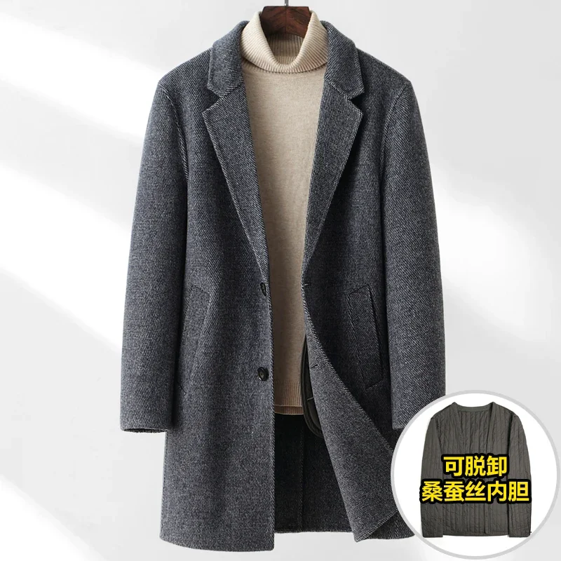 Double-sided Woolen Coat Men's Medium Winter Thick Tide Mulberry Silk Liner 100% Wool Trench Coat Non-cashmere Woolen Jacket FCY