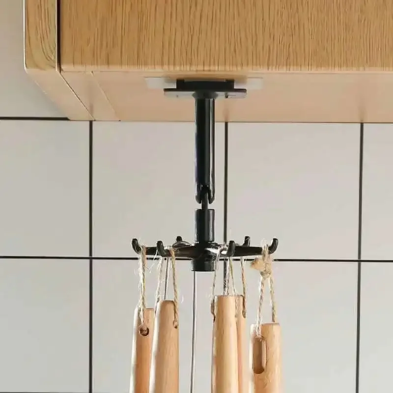 

1pc Black Kitchen Rotating Punch-free Wall-mounted Shelf 6 Rotating Hooks Pot Shovel Chopping Nail-free Adhesive Hook Rack