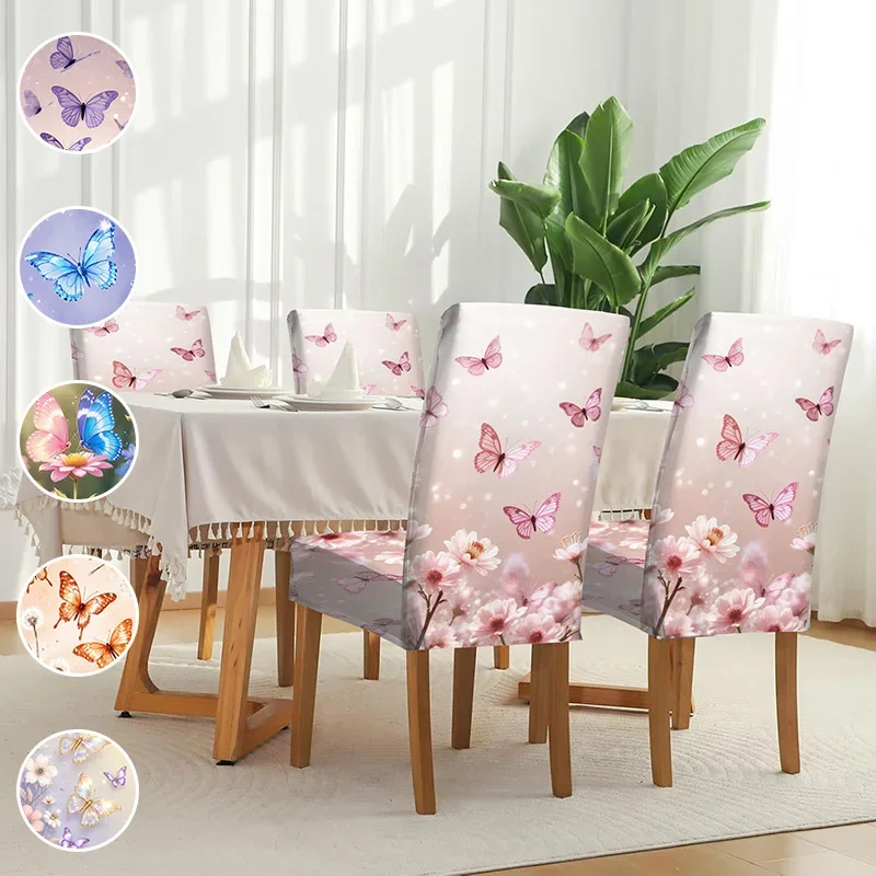 Elastic printed dining chair cover, healing butterfly flower bush pattern, suitable for household dining chairs