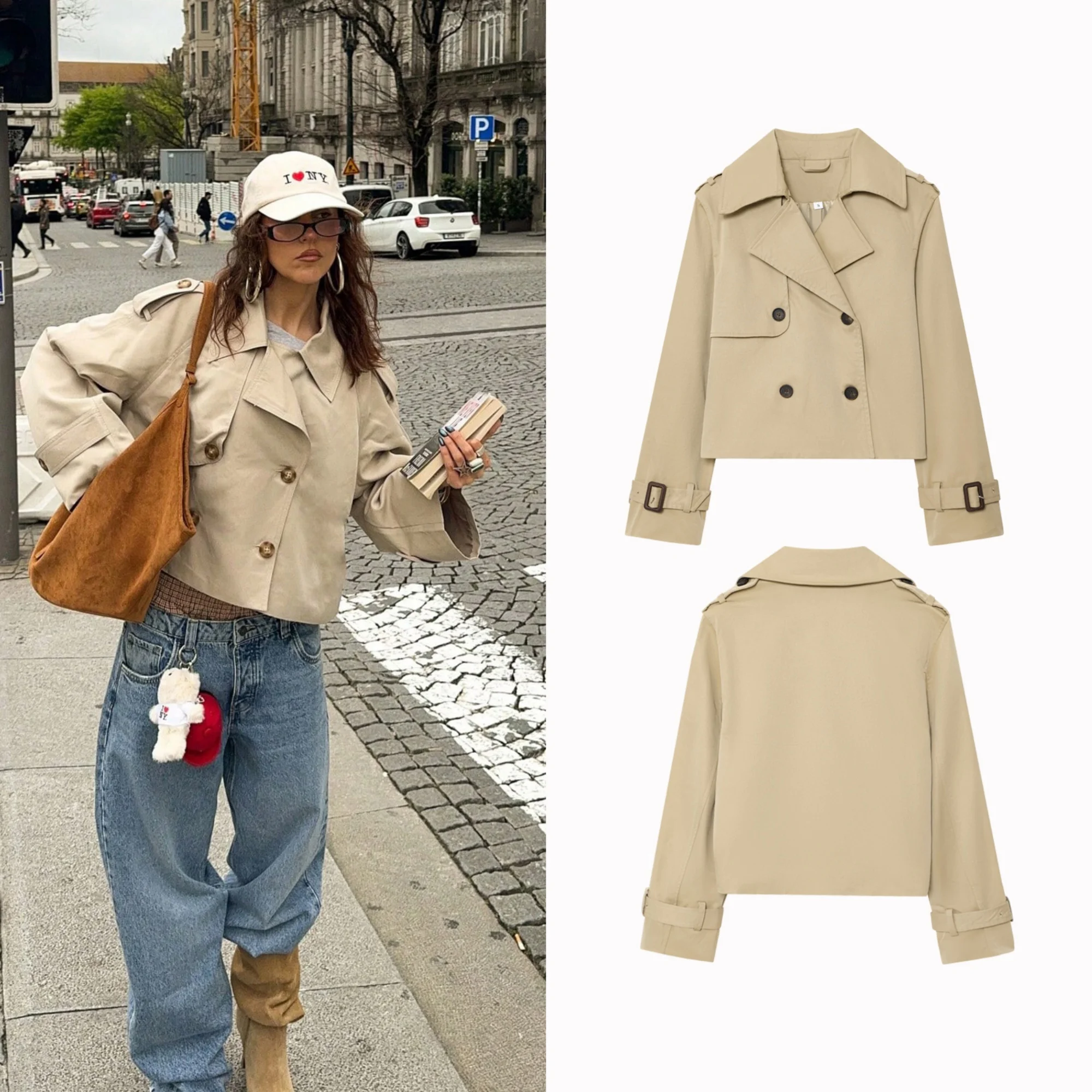 

Женская короткая куртка, осень 2024, женский однотонный укороченный плащ, винтажные двубортные куртки с длинными рукавами, ветровка