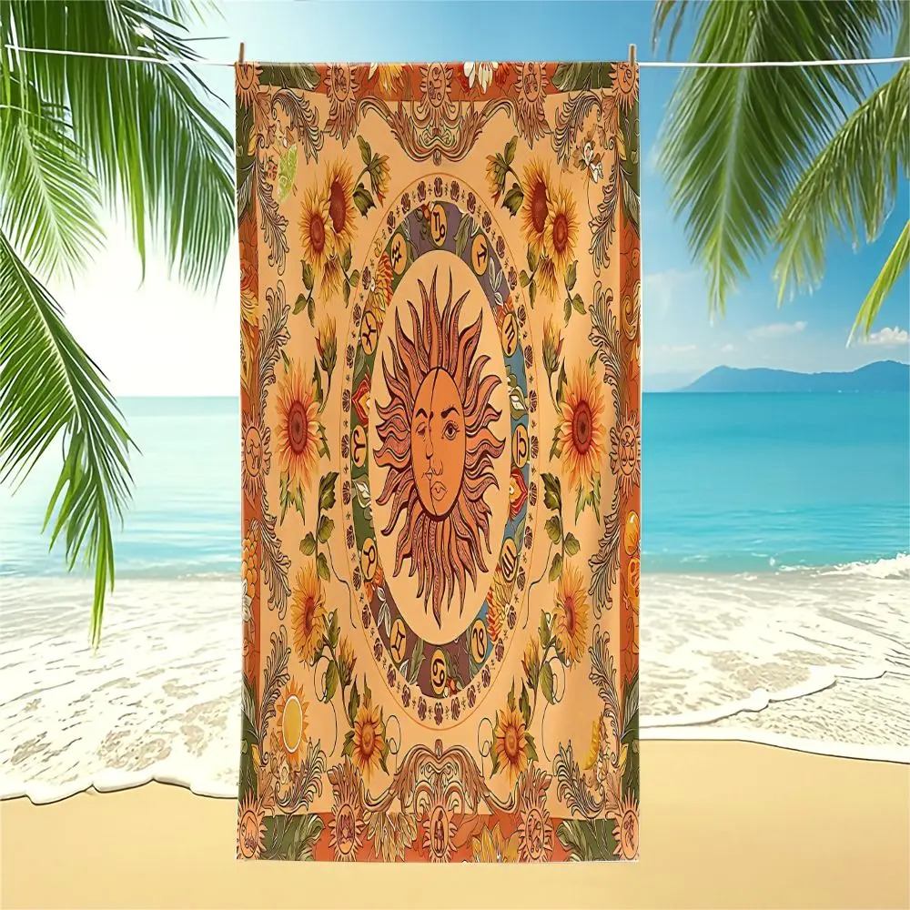 Boho Sun Sunflower Zodiac Beach Towel Digital Print Bath Towel Soft Absorbent Quick Dry Pool Blanket For Travel Yoga Camping