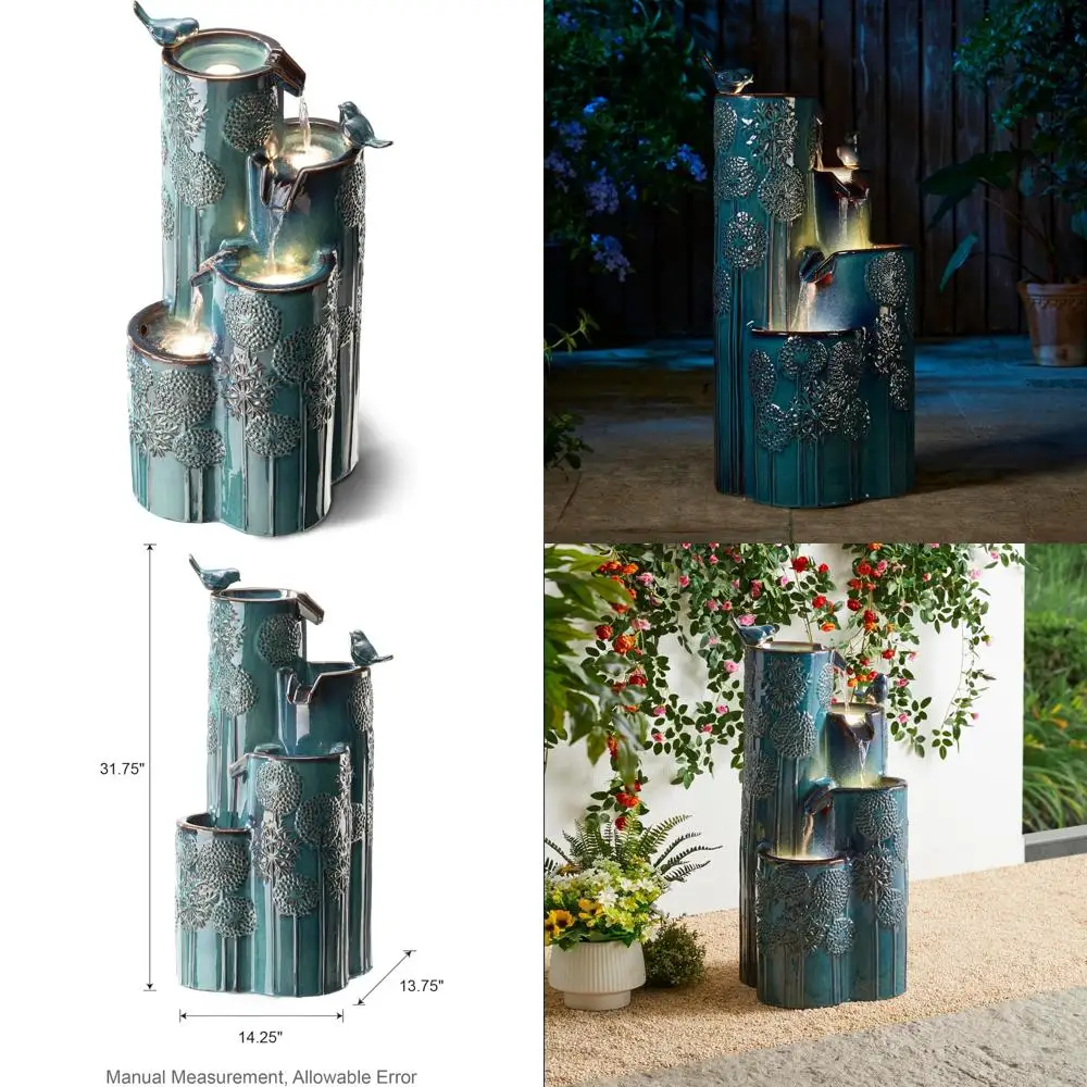 

Уличный фонтан высотой 31,75 дюйма со светодиодной подсветкой, 4-уровневая текстурированная керамическая напольная ваза с одуванчиком