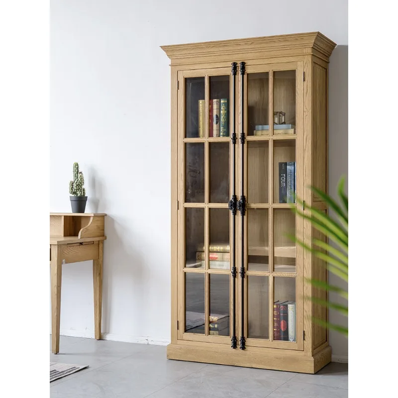 American country, French retro style solid wood furniture heaven and earth lock glass oak bookcase all solid wood bookcase