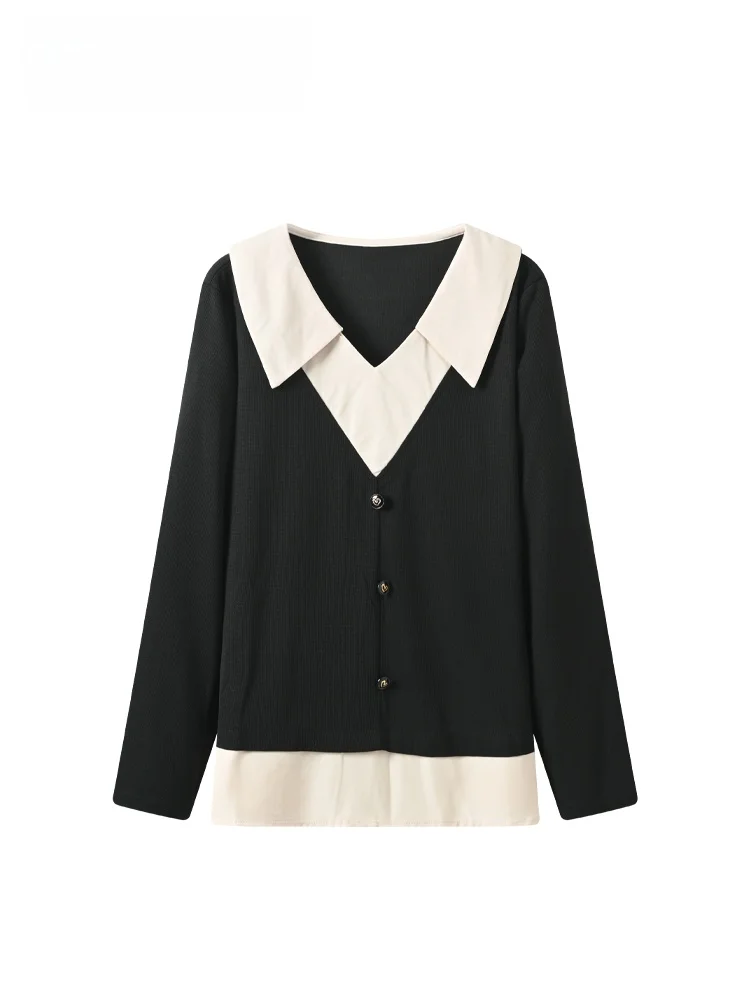 

CaraCLUB plus Size Doll Collar Long Sve irt Women Early Spring New Sle Casual Anti-Aging Fake Two-Piece Top