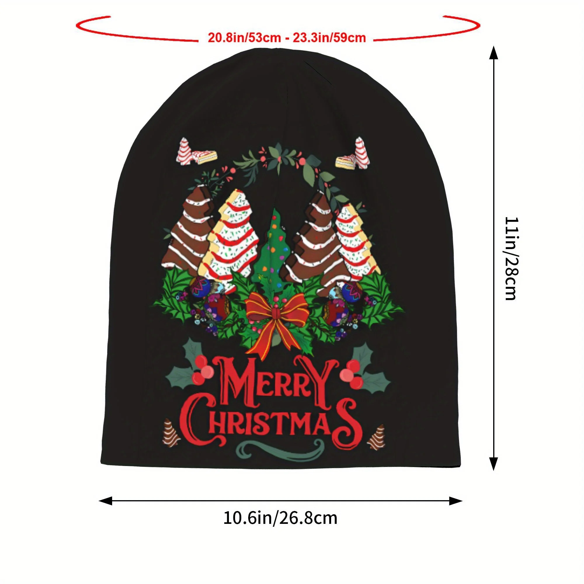Men's Funky Christmas Tree Cake Design Beanie Hat Black Holiday Winter Cap with Candy Canes, Holly Snowflakes