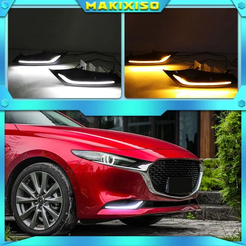 2Pcs DRL for Mazda 3 Axela 2019 2020 LED car Driving daytime running light fog lamp with flow yellow turn Signal