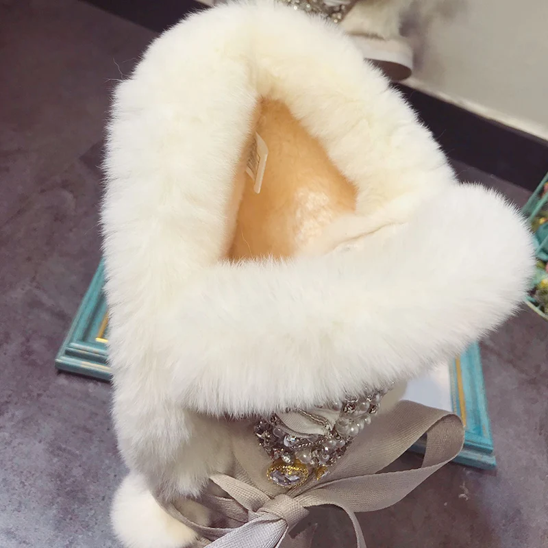 New Handmade Custom Real Fur Warm Snow Boots Pearl Rhinestone Ankle Boots Women Winter Shoes Women Non-Slip Botas de mujer