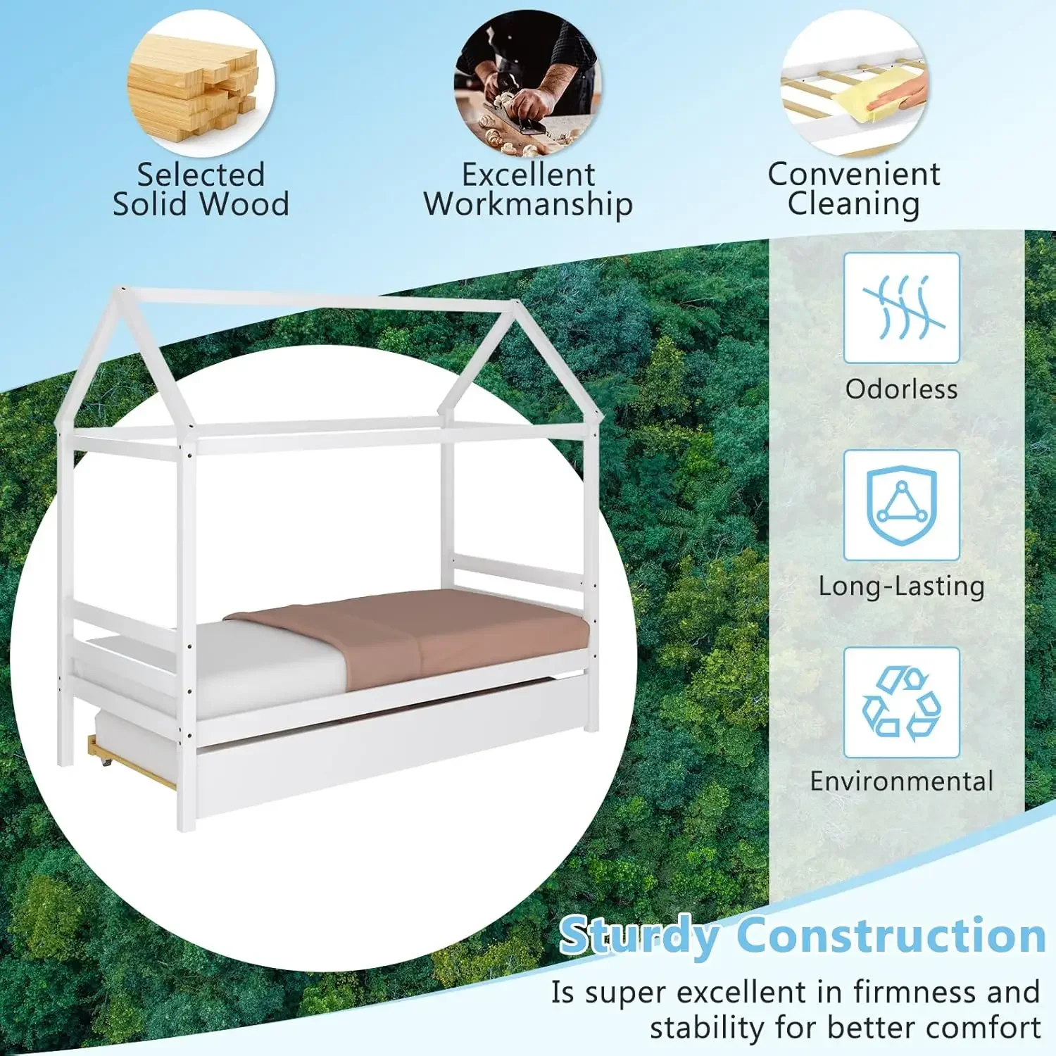 Cama de casa con nido, sofá cama doble de madera maciza para niñas y niños, marco de cama con plataforma para niños con techo para dormitorio, sin caja Spri