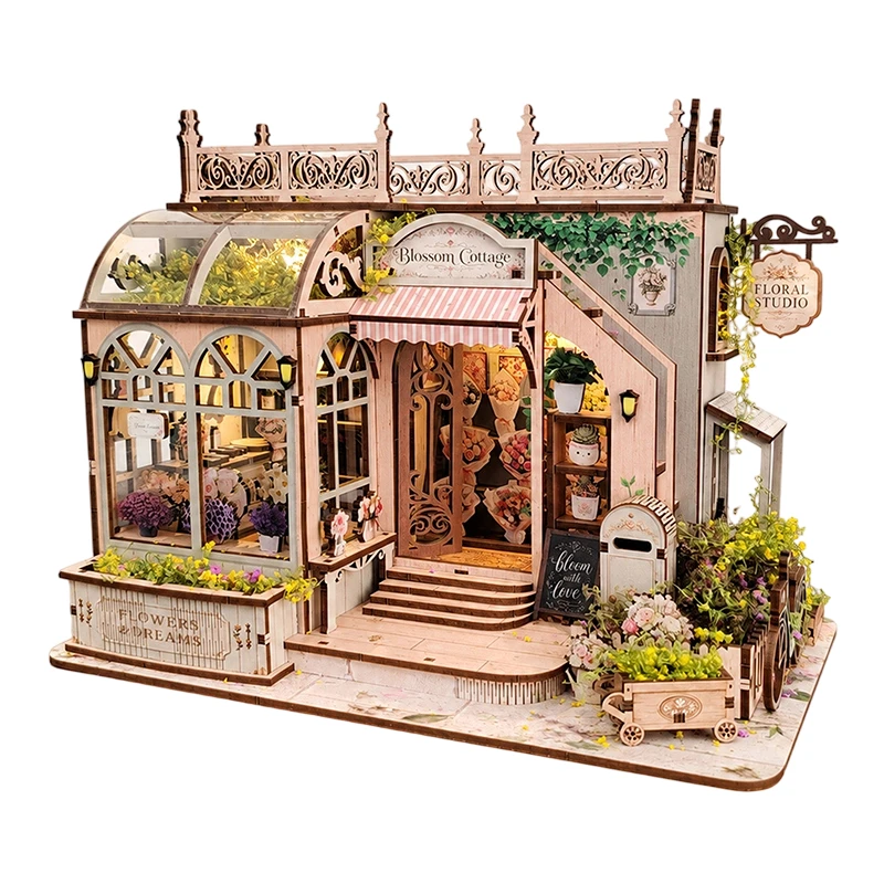DIY Wooden Blossom Cottage Figurines Miniatures Kits Mini Casa for Friends Birthday Gifts Home Decor Crafts