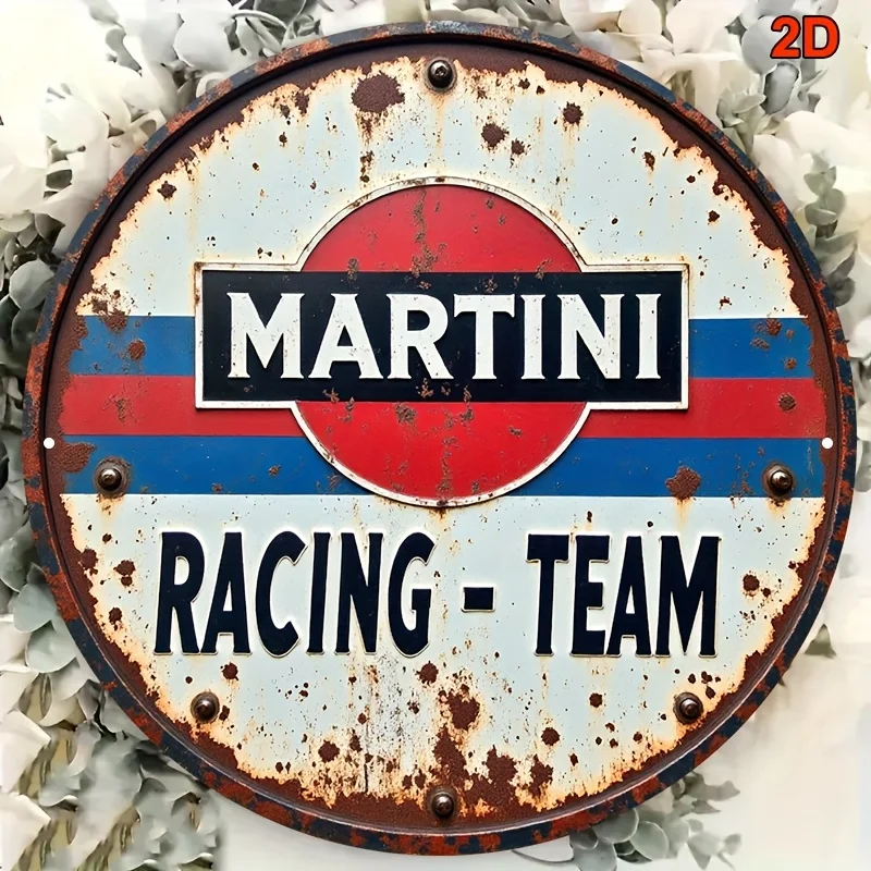 2D flaches 1-teiliges rundes Martini-Rennteam-Retro-Wandlogo aus Holz, rote, blaue und weiße Streifen, geeignet für Garage, Herrenhöhle – Detail 4