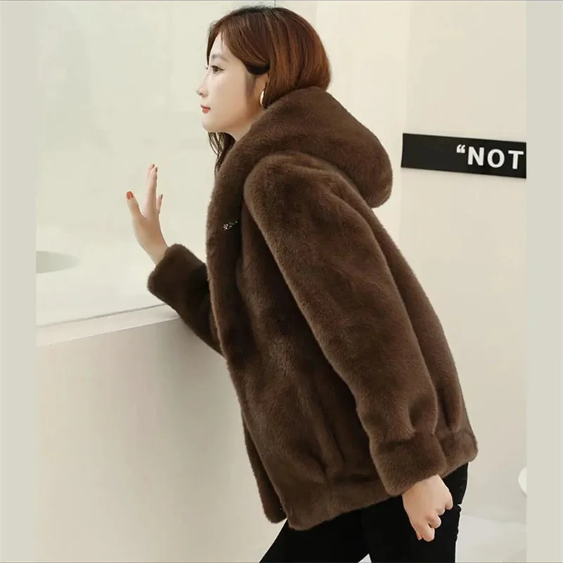 High-Quality Gold Mink Fur Coat Female 2024Autumn Winter New Hooded Short Outwear Thicke Fur One Jacket Fashion Overcoat Women\'s