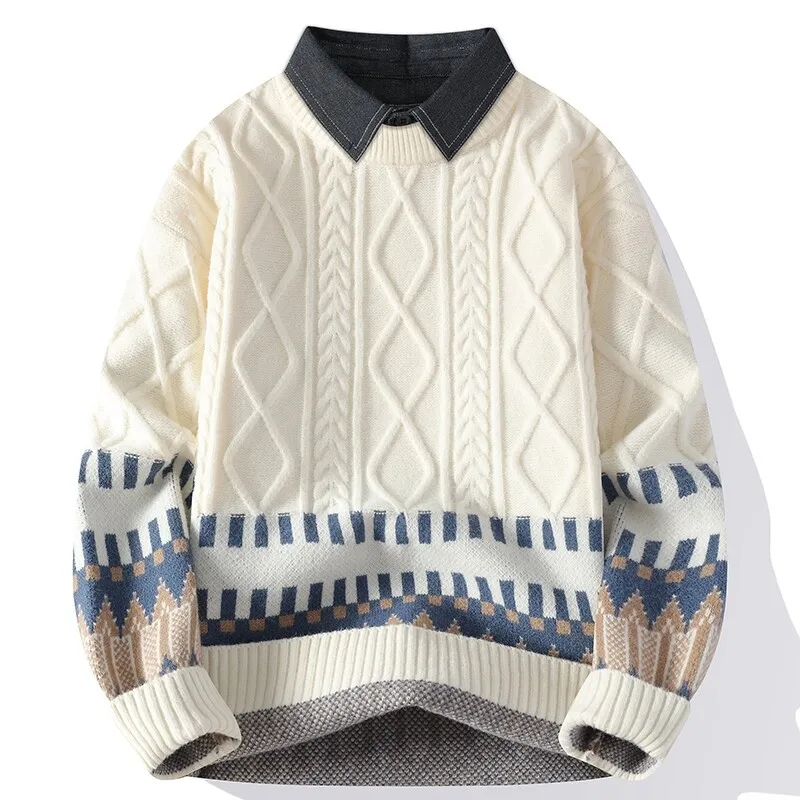 

Pullovers Men Print Knitted Tops Sweaters Turn Down Collar Full Sleeve Casual Loose Splice Knit Sweater Autumn Winter 2025
