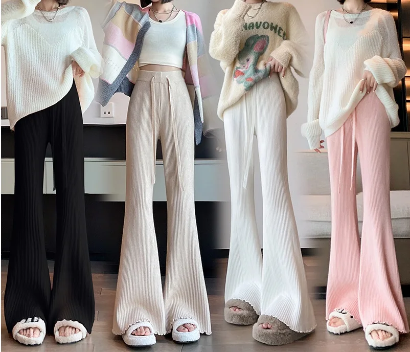 

Thickened ruffled knit wide leg pants for women with vertical pit stripes, high waistline, and slimming floor length pants