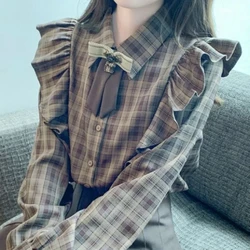 Plaid Shirt Lotus Leaf New Long-sleeved Niche Versatile Top Trendy