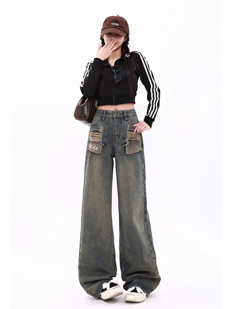 2024 Blue Letter Women Jeans High Waist Straight Baggy Denim Pants Casual American Vintage Y2K Female Wide Leg Denim Trouser New