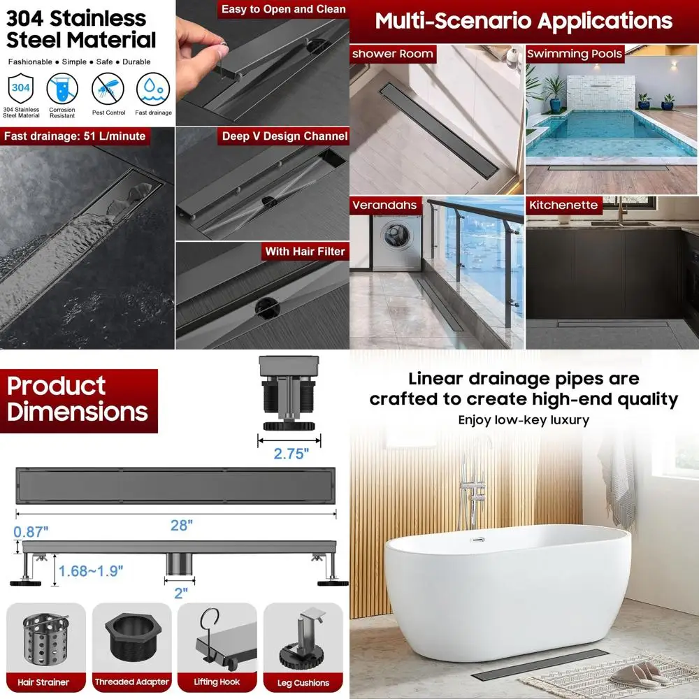 

Gunmetal Gray 28 Rectangular Linear Shower Drain with Tile Insert and Adjustable Feet for Bathroom and Balcony