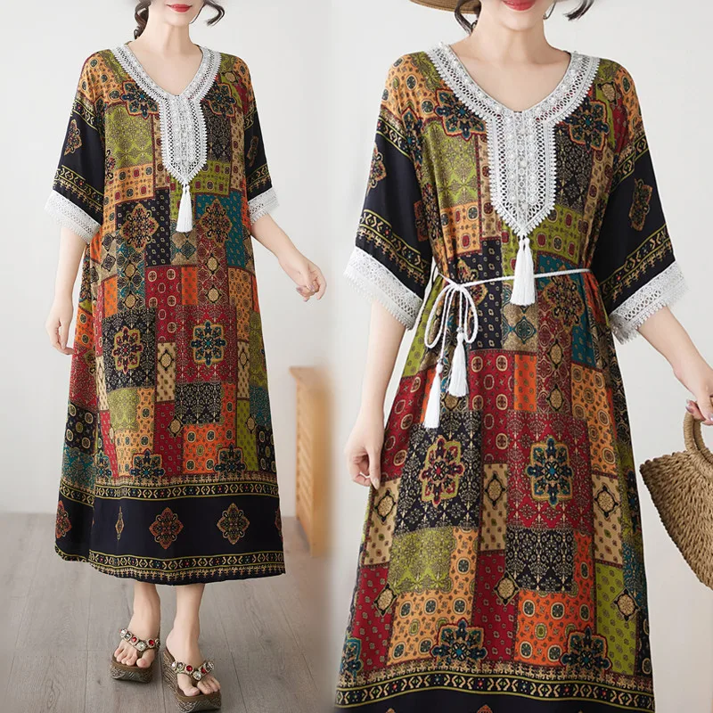 Boho Lace Cotton Linen Plaid Dress Women Robe Casual Vintage Ethnic Style Loose Beach Long Dress Maxi Summer Short Sleeve