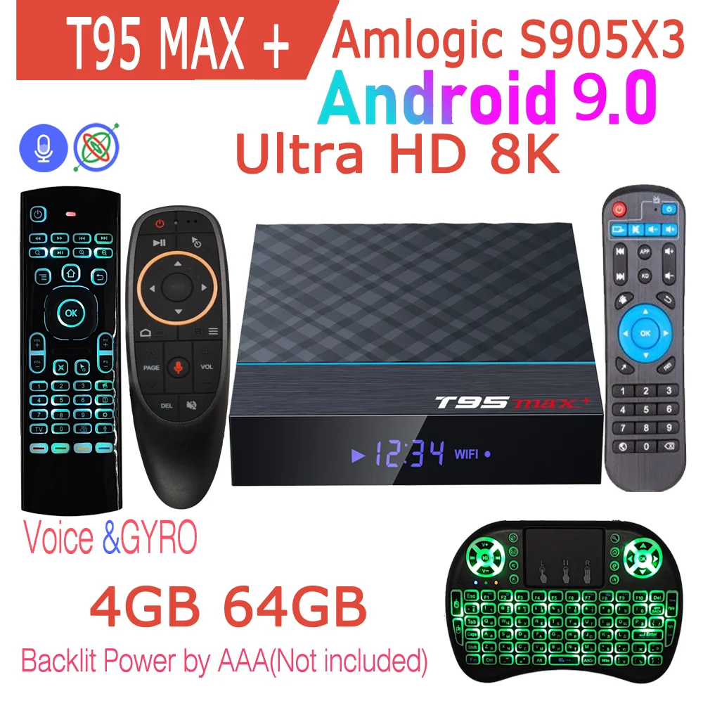 스마트 TV 박스, T95 MAX PLUS Amlogic S905X3 쿼드 코어, 안드로이드 9.0, 8K HDR LAN, 100M 듀얼 와이파이, 2.4G, 5G, BT4.0 RAM, 4GB ROM, 32GB, 64GB