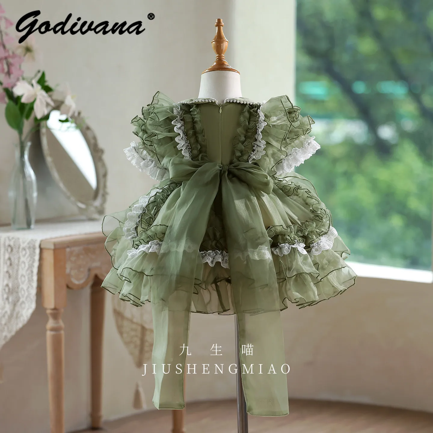 Sweet Baby Girls Summer New Lolita Princess Cake Dress Kids Green Puff Sleeve Lace Pearls Doll Collar Birthday Performance Gown