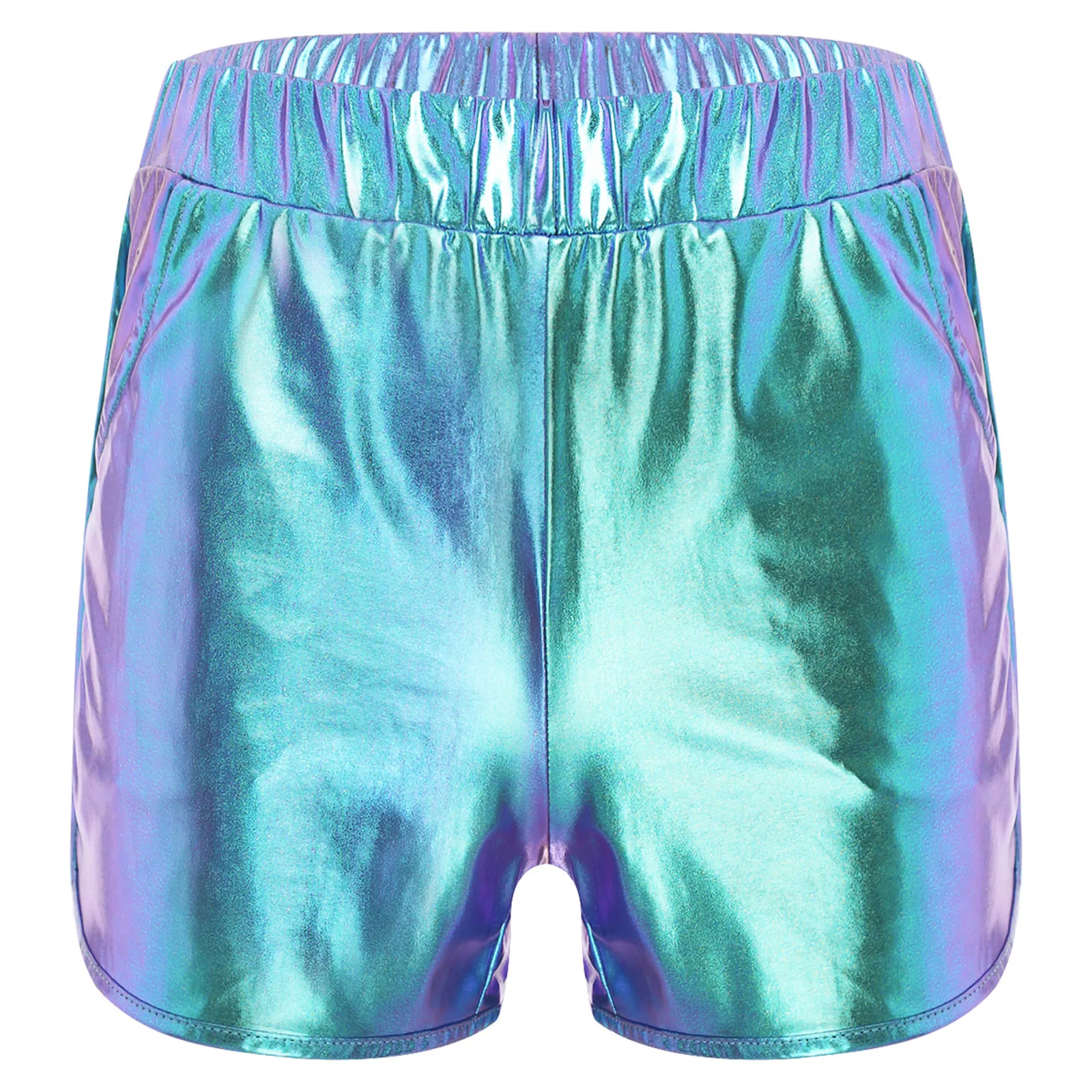 

Women Fashion Stretchy Metallic Booty Shorts Elastic Waist Side Pockets Raves Dance Shorts Hot Pants for Club Disco Fitness Yoga