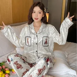 TXii Cartoon Bear Autumn and Winter Pajamas Women's Golden Velvet Lapel Cardigan Long Sleeve Trousers Simple Casual Home Clothes