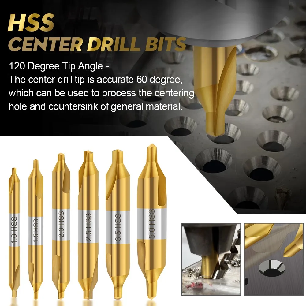 CMCP 1/6/7pcs HSS Center Drill Bit 60 Degree Titanium Coated Power Tools Hole Cutter Drilling Bit For Metalworking 1.0-5.0mm