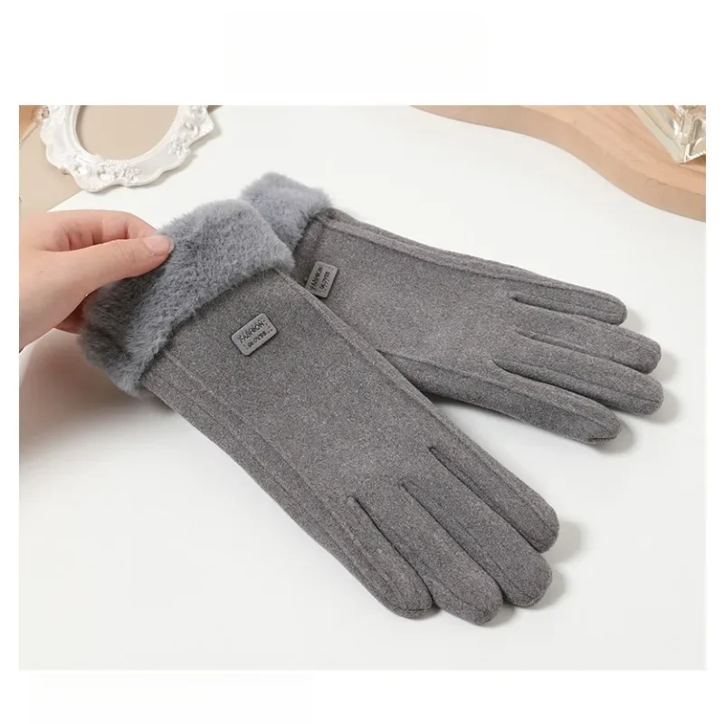 قفازات للنساء، قفازات عصرية ولطيفة مطرزة بالصوف سميكة مقاومة للبرودة لركوب الدراجات تعمل باللمس