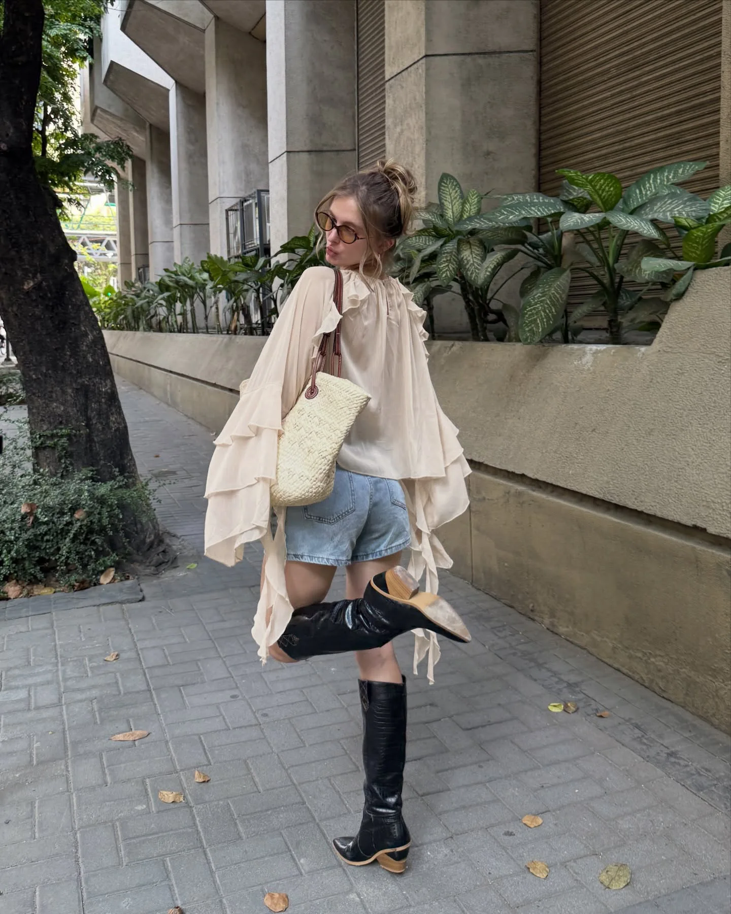 Women Apricot Chiffon Blouse Round Neck Ruffle Trim Bell Long Sleeve Tie‑String Flowy Shirt Back Pearl Button Bohemian Casual To
