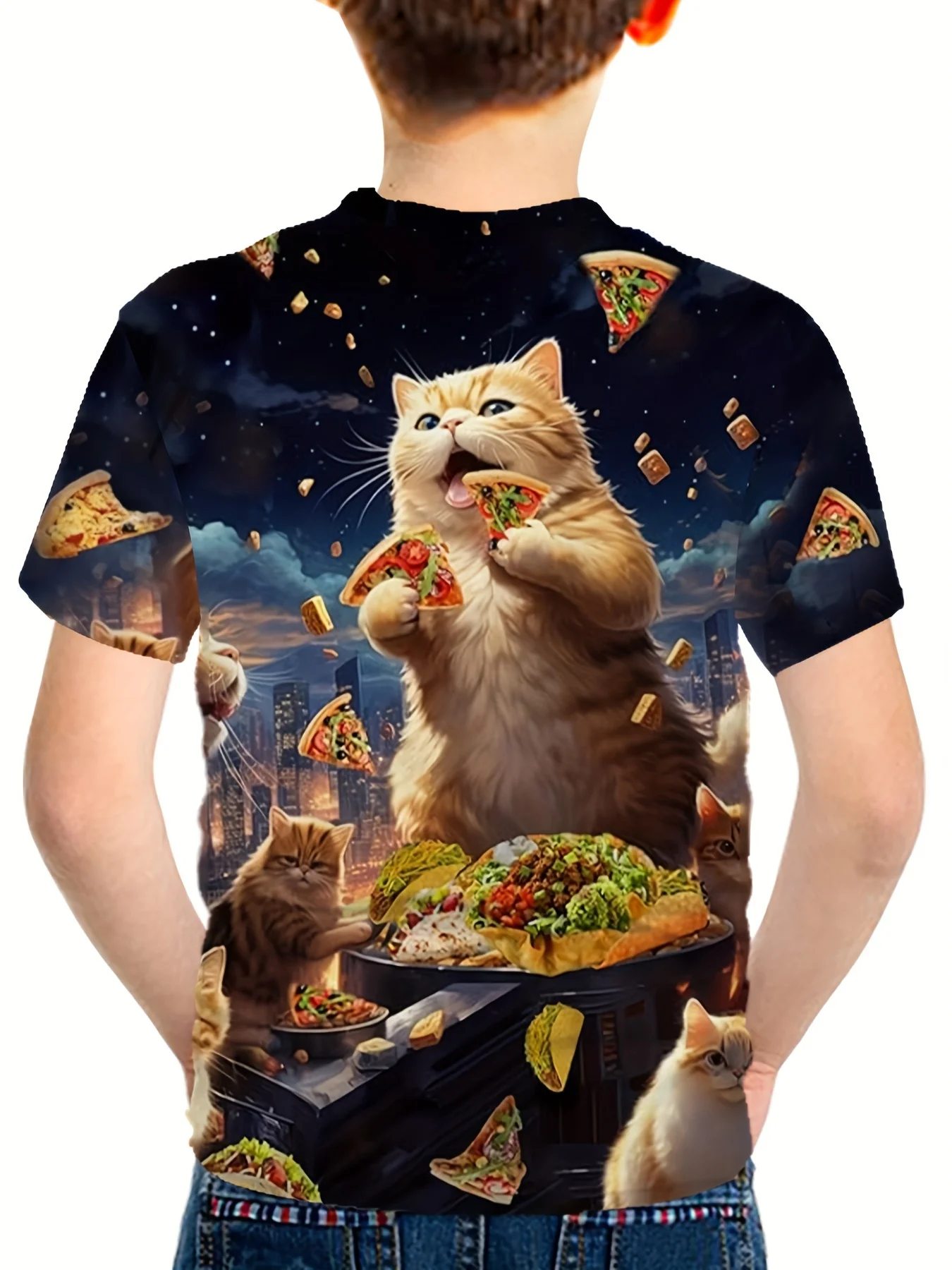 Cat Eating Pizza 3D Print Boy's Creative T-shirt, Casual Lightweight Comfortable Short Sleeve Top, Summer Clothes