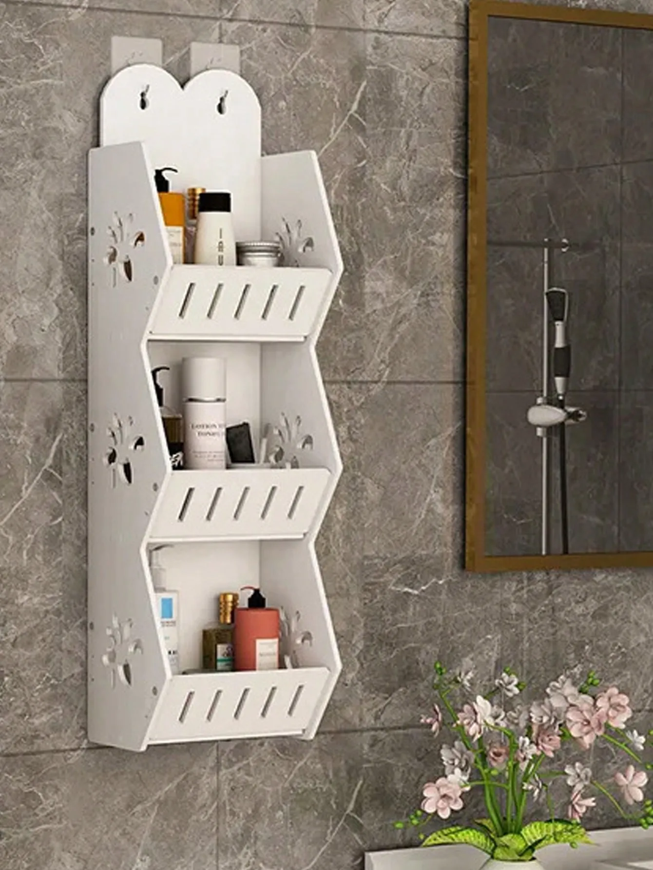 1pc No-Drill Bathroom Wall Mounted Shelving Rack For Shower Gel & Cosmetics, 2-Tier Storage Organizer With Hooks Home Bathroom Decor Bathroom Organizer Fall Decor Back To School Bathroom Accessories
