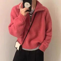 Quarter Zip Sweater Pullover Women Cozy Knitted Long Sleeve Sailor-Collar Plain Jumper Classic Basic Autumn Winter 2026
