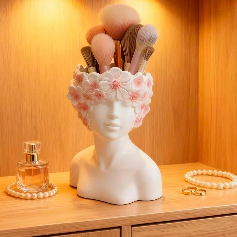 Nordic Style Flower Girl Makeup Brush Storage Cylinder Fashion Dresser Storage Tank Eyebrow Brush Eyeliner Pen Storage Box