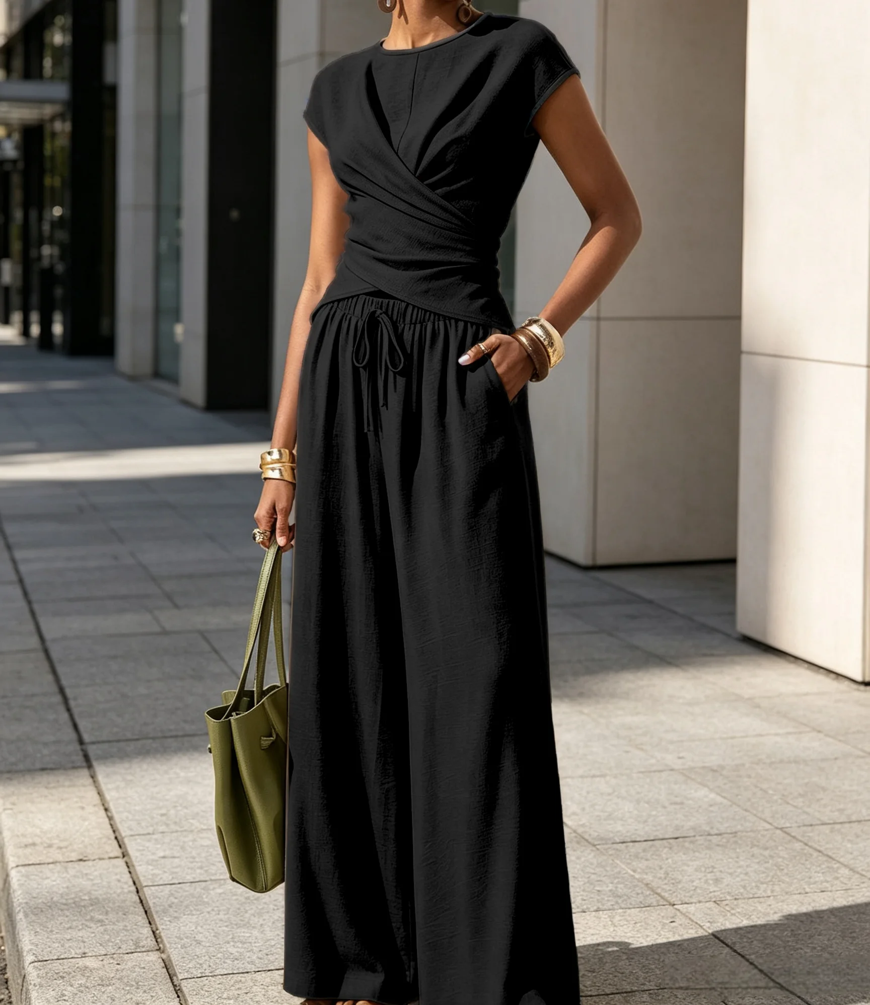 Women 2 Piece Outfit Twist Cross Cap Sleeve Top Drawstring Elastic Waist Wide Leg Pants Set Linen‑Textured Fabric Casual Street
