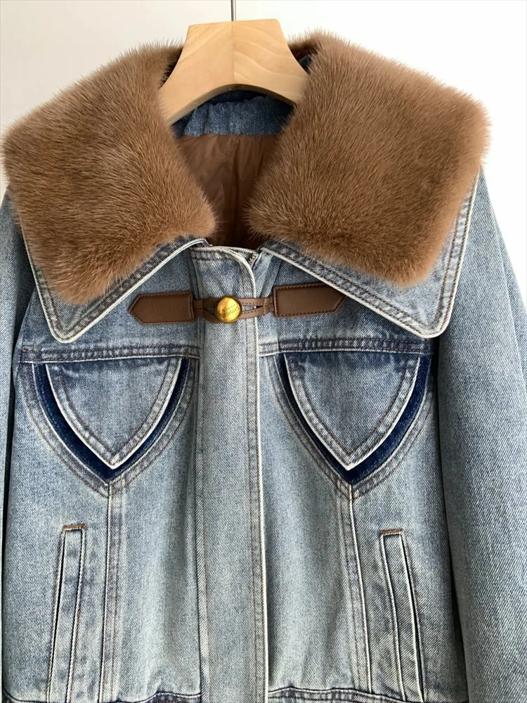 Hiver femmes col de fourrure de vison mode Denim doudoune chaud à manches longues concepteur Streetwear vêtements d'extérieur décontractés femme manteau court