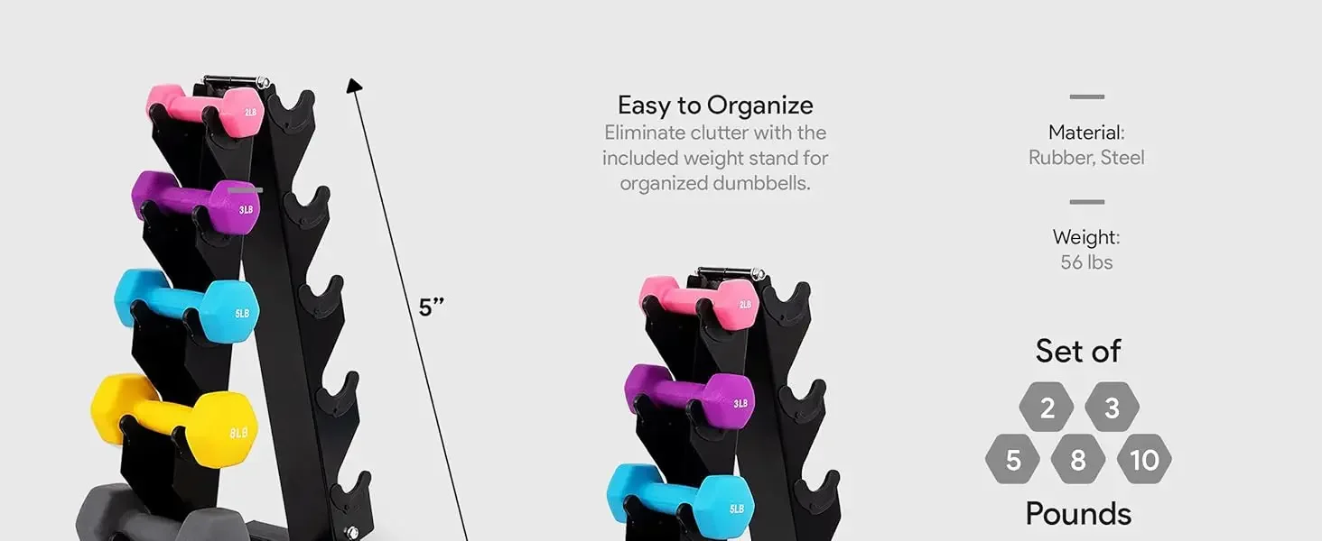 BalanceFrom Fitness 2, 3, 5, 8 & 10 Pound Neoprene Coated Dumbbell Set with Rack