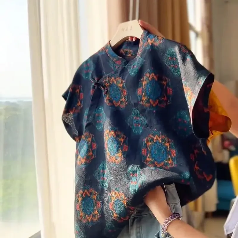 

Атласная шелковая жаккардовая рубашка в стиле ретро, женские блузки с коротким рукавом и цветочным принтом, винтажные свободные топы в китайском стиле, новая летняя мода